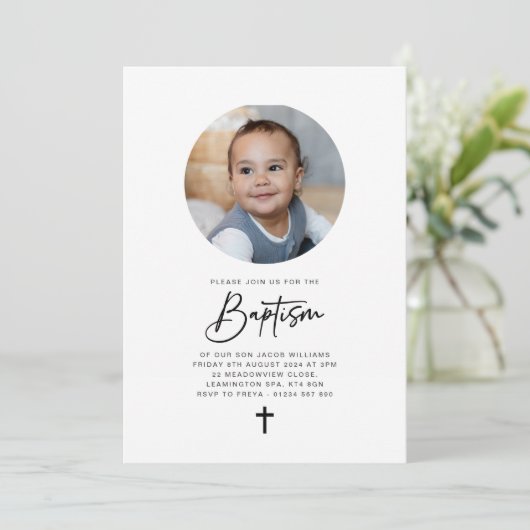 ラウンドフォトミニマリストバプテスマ招待状 招待状 (スタンド正面)