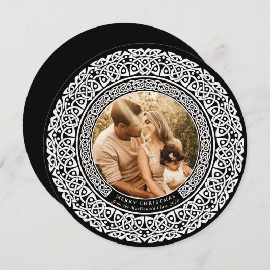 ラウンドブラック+オフホワイトケルトの休日のフォトカード シーズンカード (正面/裏面)