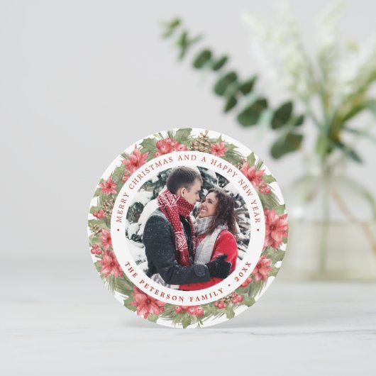 ラウンドポインセチアリースクリスマスフォトカード 案内状 (スタンド正面)