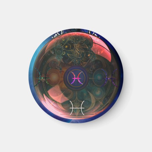 ラウンドマグネット – 〔占星術の〕十二宮図テーマ – 魚座 マグネット (正面)