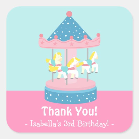 ラウンドメリー回転木馬誕生日パーティステッカー スクエアシール (正面)
