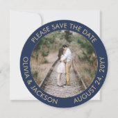 ラウンドユニークフォトモダンネイビーブルー&金ゴールド結婚ズ セーブザデート (正面)