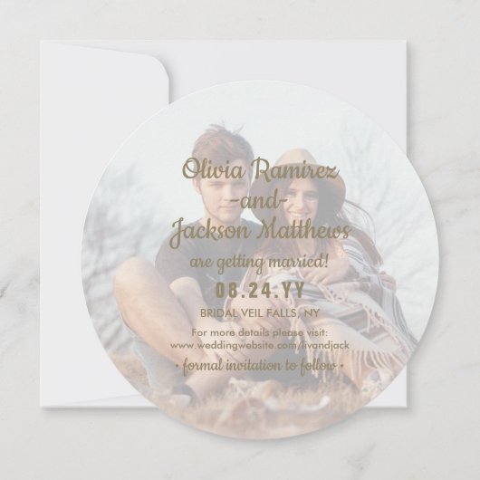 ラウンドユニークフォトモダン赤面ピンク金ゴールド結婚ズ セーブザデート (裏面)