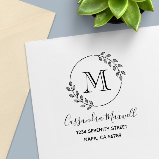 ラウンドリース、葉モノグラム2アドレス セルフインキングスタンプ