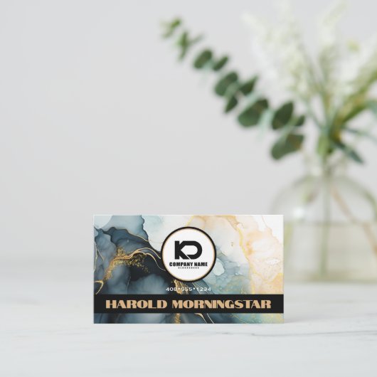 ラウンドロはっきりしたゴとQRコードインジゴ金ゴールド流体インク 名刺 (スタンド正面)