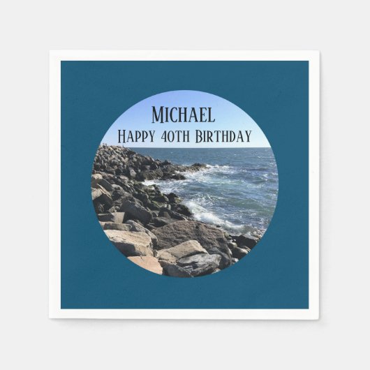 ラウンド写真の海ショアブルーシー40誕生日 スタンダードカクテルナプキン (正面)