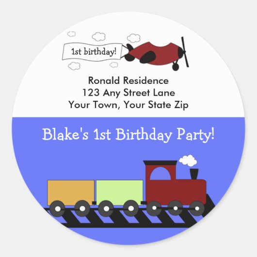 ラウンド差出人住所ラベル飛行機&トレイン ラウンドシール (正面)