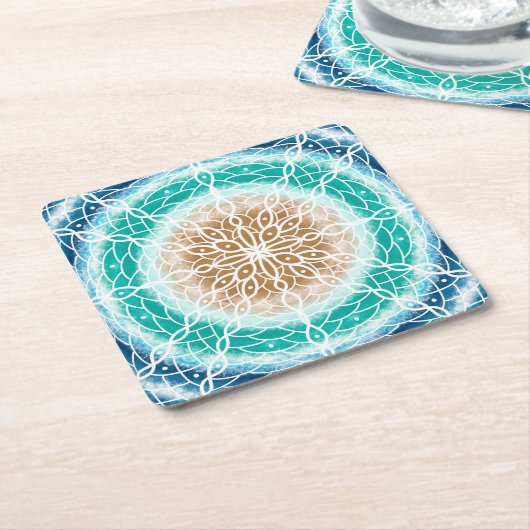 ラウンド海波ティール（緑がかった色）とターコイズ曼荼羅 スクエアペーパーコースター (アングル)
