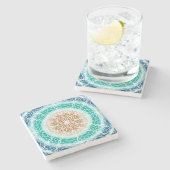 ラウンド海波ティール（緑がかった色）とターコイズ曼荼羅 ストーンコースター (横)