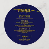 ラウンド結婚のメニュシンプルーエレガント金ゴールドネイビー青 メニュー (正面)
