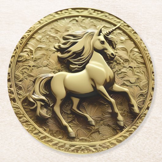 ラウンド金ゴールドユニコーン・コイン ラウンドペーパーコースター (正面)