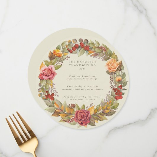 ラウンド/スクエア秋季リース感謝祭ディナー メニュー (正面/裏面インサイチュ)