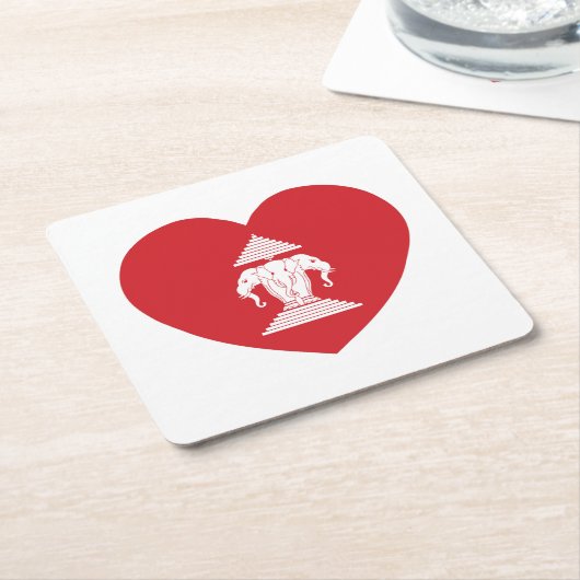 ラオスのエラワン3頭象ハート国旗 スクエアペーパーコースター (アングル)