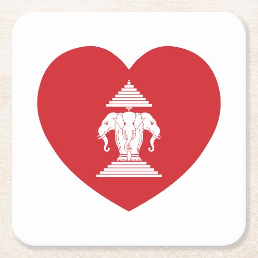 ラオスのエラワン3頭象ハート国旗 スクエアペーパーコースター (正面)