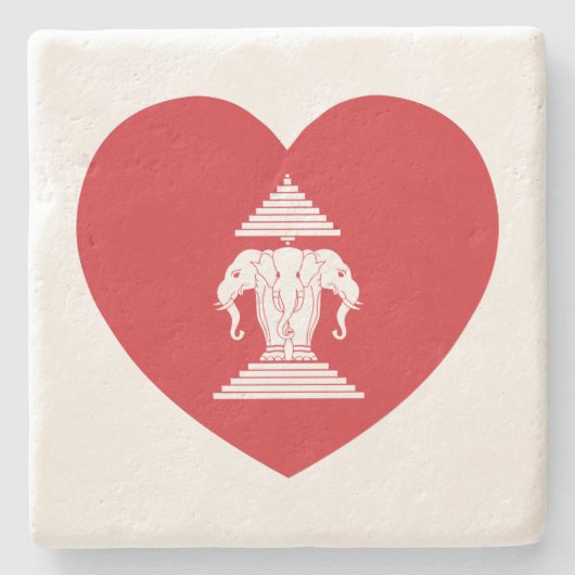 ラオスのエラワン3頭象ハート国旗 ストーンコースター (正面)