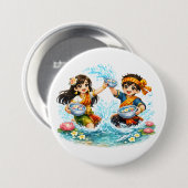 ラオスの新年水祭りの子供たち - ピーマイラオスプラ 缶バッジ (正面&裏面)