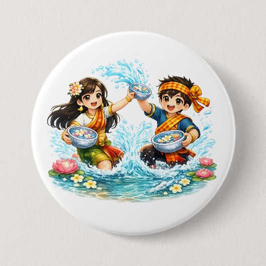 ラオスの新年水祭りの子供たち - ピーマイラオスプラ 缶バッジ (正面)