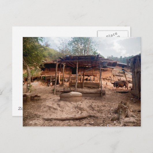 ラオスの農村の木造村の小屋 ポストカード (正面/裏面)
