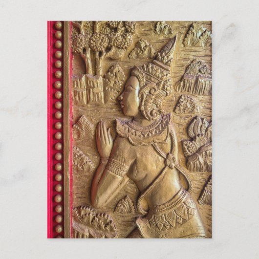 ラオス仏教寺院の金の装飾ドアアート ポストカード (正面)