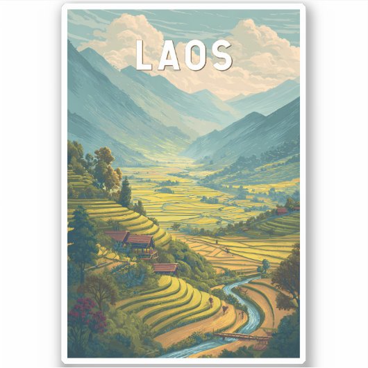 ラオス イラスト 旅行 アート ヴィンテージ シール (正面)