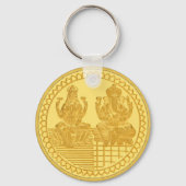 ラクシュミ及びガネーシュ金ゴールドコインデザイン キーホルダー (正面)