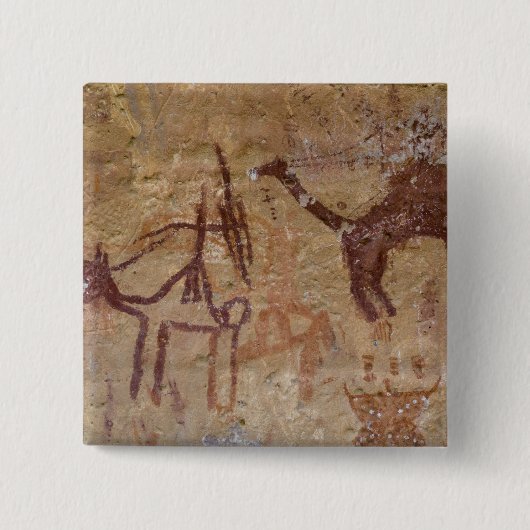 ラクダと共に描かれた古代の岩絵と 缶バッジ (正面)
