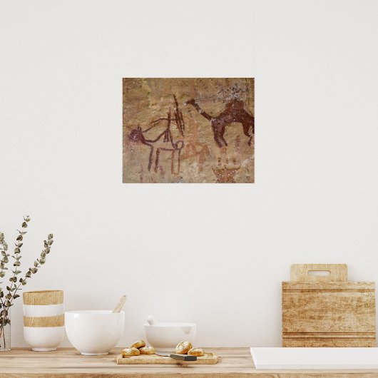 ラクダやラクダを使った先史時代の岩壁画 ポスター (キッチン)
