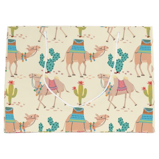 ラクダ模様、サボテン模様、砂漠プリント ラージペーパーバッグ (正面)