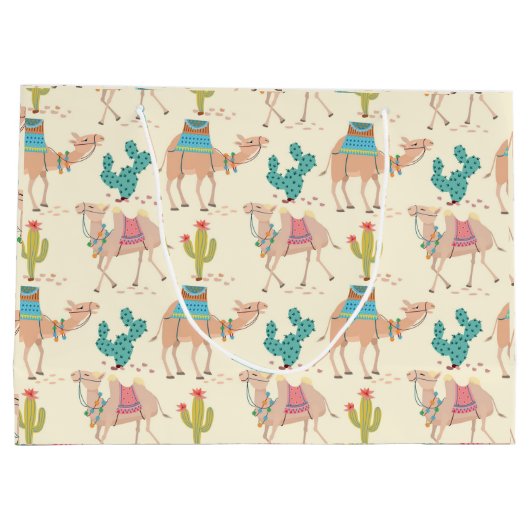 ラクダ模様、サボテン模様、砂漠プリント ラージペーパーバッグ (裏面)
