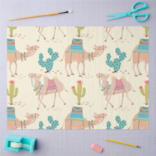 ラクダ模様，サボテン模様，砂漠プリント 薄葉紙 (クラフト)