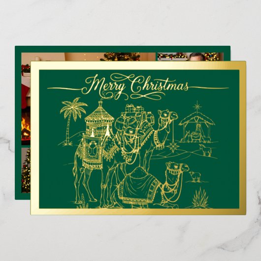 ラクダ，マンガー，グリーンのメリークリスマス，金ゴールド 箔シーズンカード (正面/裏面)