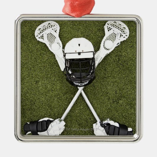 ラクロスの棒、手袋、球およびスポーツのヘルメット メタルオーナメント (正面)