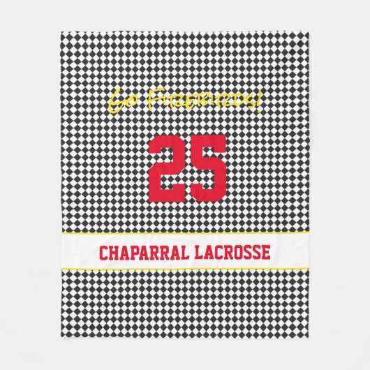 ラクロスカスタムチームスピリットブラックレッドイエロースポーツ フリースブランケット (正面)