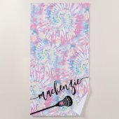 ラクロスガールズピンク絞り染め パーソナライズされた ビーチタオル (正面)