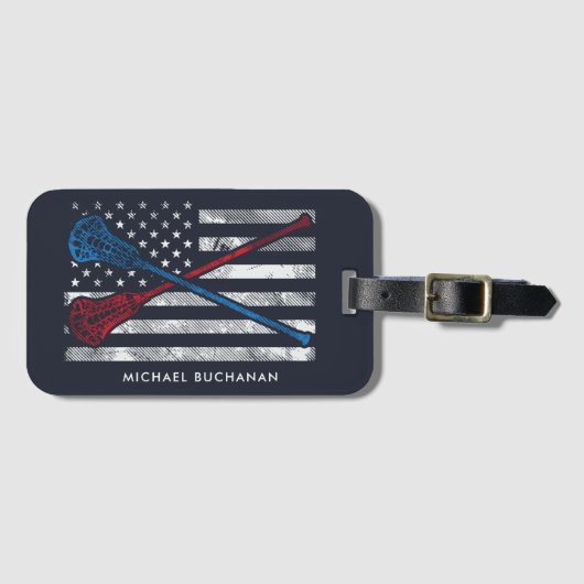 ラクロススティックモチーフヴィンテージUSA国旗パーソナライズされた ラゲッジタグ (正面横)