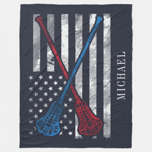 ラクロススティック愛国的なヴィンテージフラグをパーソナライズ フリースブランケット (正面)