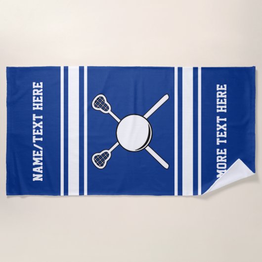 ラクロスプレーヤーの名前かチーム名前あなたのチーム色 ビーチタオル (正面)
