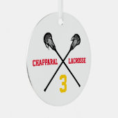 ラクロスプレーヤーフォトチームの色の番号スポーツ メタルオーナメント (正面右)
