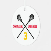 ラクロスプレーヤーフォトチームの色の番号スポーツ メタルオーナメント (正面左)