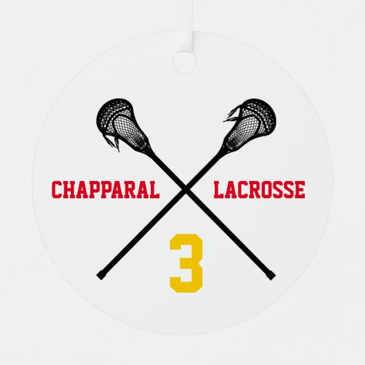 ラクロスプレーヤーフォトチームの色の番号スポーツ メタルオーナメント (正面)