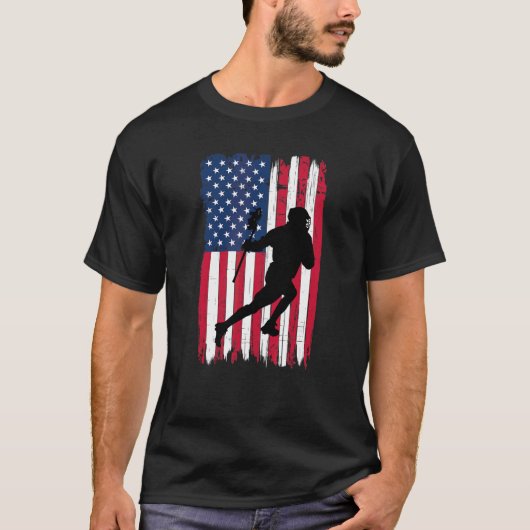 ラクロス選手のシルエット アメリカ国旗 米国 愛国 Tシャツ (正面)
