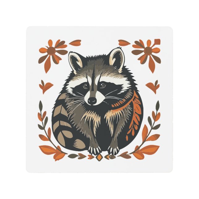 ラクーンお洒落ウッドランド動物フォークまたは部族A メタルプリント (正面)