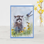 ラクーンと春の友空白の達グリーティングカード カード (黄色い花)