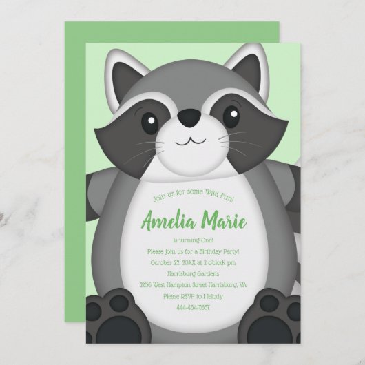 ラクーンの誕生日パーティーグリーン 招待状 (正面/裏面)