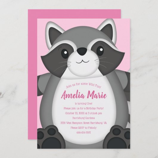 ラクーンの誕生日パーティーピンク 招待状 (正面/裏面)