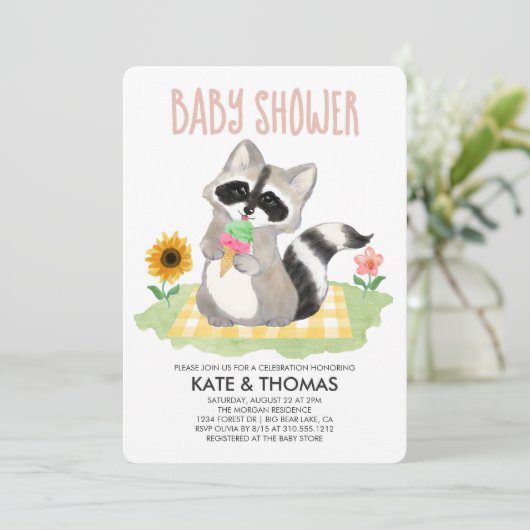 ラクーンアイスクリームピクニックベビーシャワー招待状 招待状 (スタンド正面)