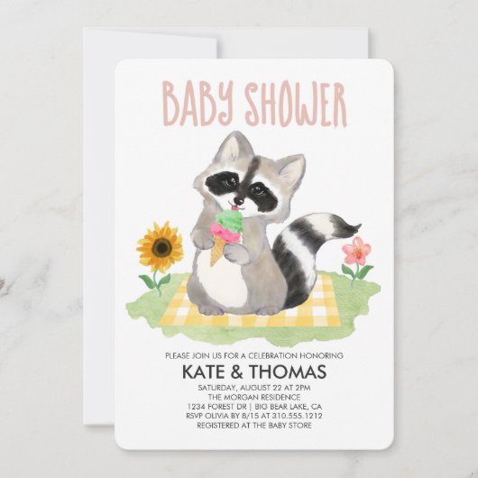 ラクーンアイスクリームピクニックベビーシャワー招待状 招待状 (正面)