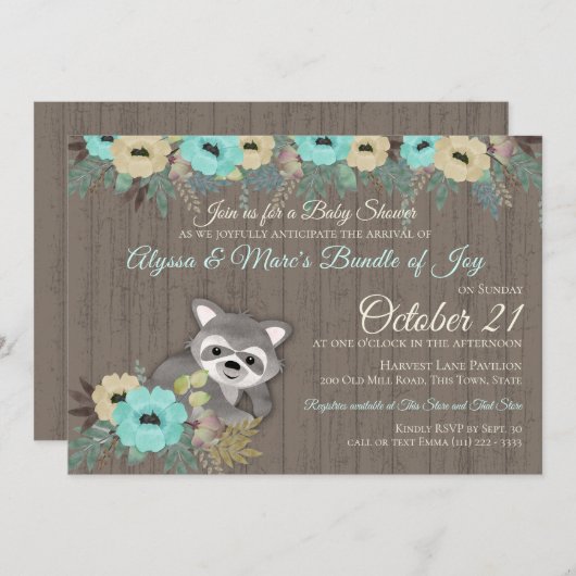 ラクーンウッドランドフローラベイビーシャワー 招待状 (正面/裏面)