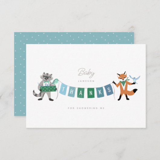 ラクーンキツネフォレストフレンズ青ベビーシャワー サンキューカード (正面/裏面)