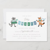 ラクーンキツネフォレストフレンズ青ベビーシャワー 招待状 (正面)